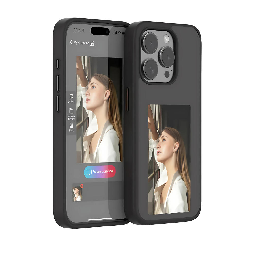 E-Ink phone case from Govee RGBIC featuring a sleek black design with visible screen and textured edges.