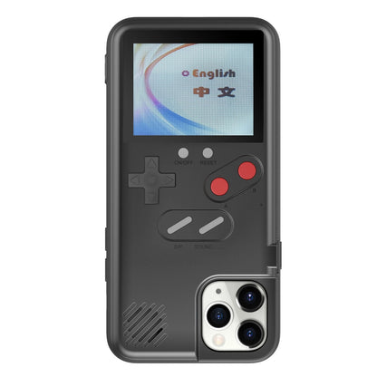 iPhone with Govee RGBIC Floor Lamp in background, showcasing a nostalgic Gameboy-style case featuring colorful retro gaming design.