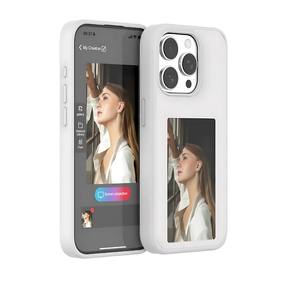 E-Ink phone case by Govee RGBIC features a sleek design with a customizable digital display on the back of the phone.